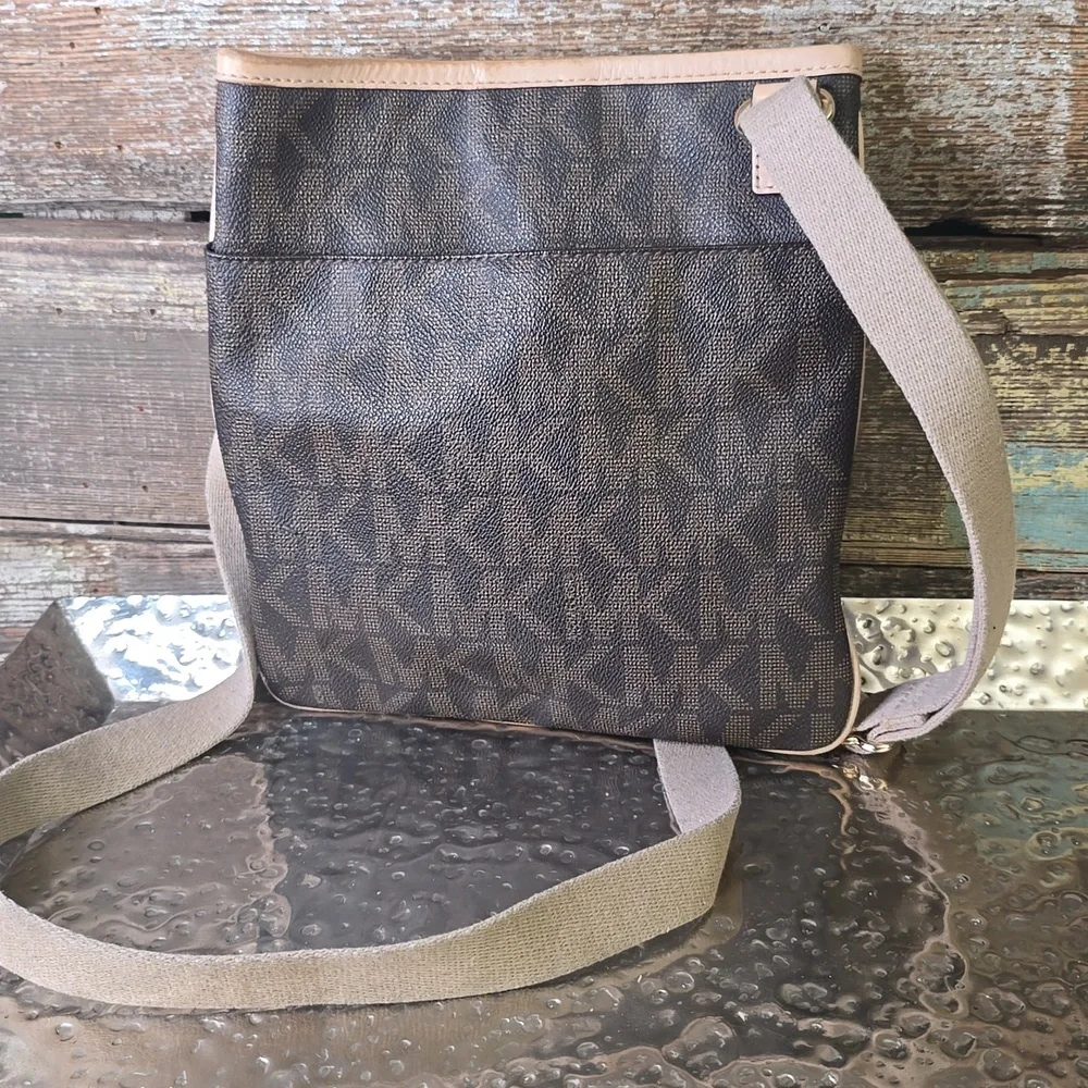 Michael Kors Brown Monogram Crossbody with Tan Trim